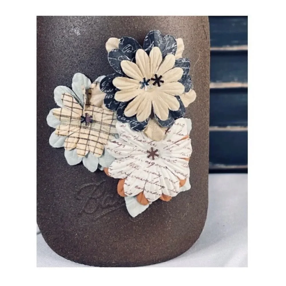 Hand Painted Textured Quart Mason Jar with 3D Paper Flowers and Jute Twine Bow